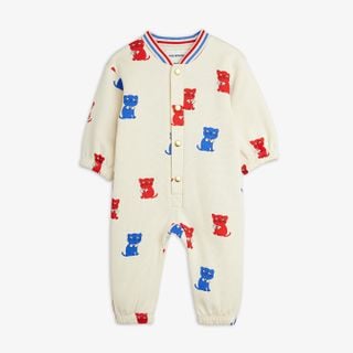 Off-white bodysuit with red and blue Kittens print, snap buttons and striped ribbed neckline.