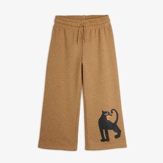 Brown melange wide-leg sweatpants featuring an elastic drawstring waist and a black Panther motif.