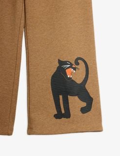 Brown melange sweatpants featuring a black Panther print with an open mouth on the leg.