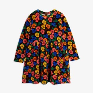 Long-sleeved brown velour dress featuring a colorful Violas floral print and a flared skirt.