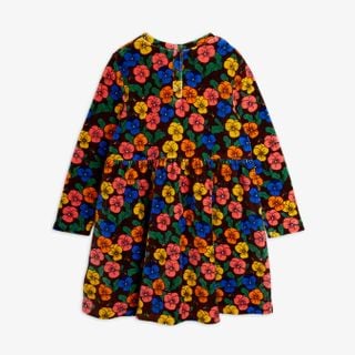 Long-sleeved velour dress with a colorful Violas flower print and flared skirt, shown from the back.