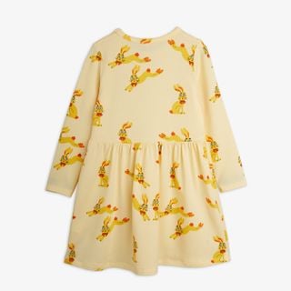 Yellow long-sleeved dress featuring an all-over Rabbits print and a gathered waist.
