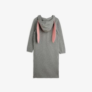 Grey melange fine knit dress with pink-lined rabbit ears on the hood, back view.