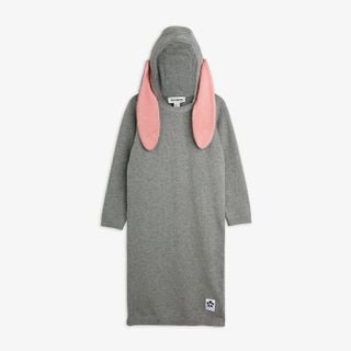 Grey melange fine-knit dress featuring a hood with long pink rabbit ears and a small panda patch at the hem.