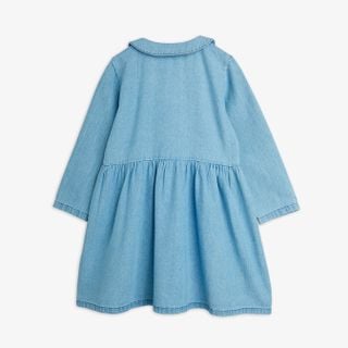 Blue denim dress with a Peter Pan collar and gathered waist, viewed from the back.