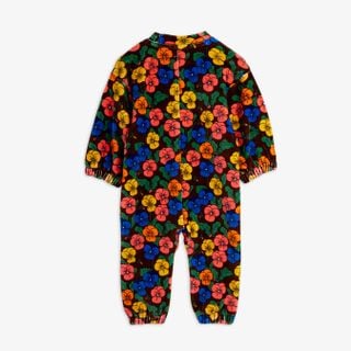 Brown velour bodysuit with colorful Violas floral print and elasticated trims, back view.