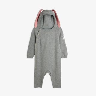 Grey melange fine knit baby jumpsuit featuring a hood with pink rabbit ears and snap buttons.