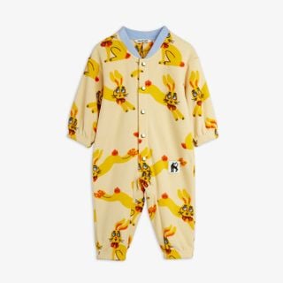 Yellow fleece bodysuit featuring a Rabbit print, light blue collar, and front snap buttons.