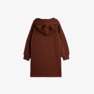 Brown hoodie sweatdress featuring playful cat ears on the hood, seen from the back.