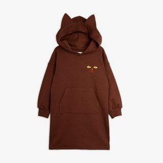 Brown hoodie sweatdress with cat ears, kangaroo pocket, ribbed sleeve ends and a cat motif.