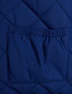 Close-up of a blue quilted jacket featuring a front pocket with an elasticated opening.