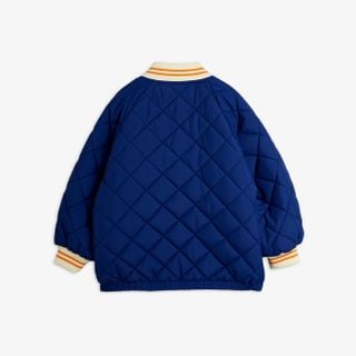 Blue quilted puffer jacket with striped ribbed collar and cuffs, shown from the back.