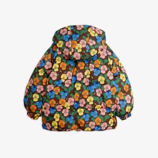 Heavy puffer jacket featuring a colorful Violas flower print and a hood, shown from the back.