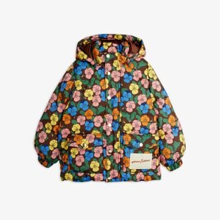Heavy puffer jacket with colorful Violas print, hood, and front pockets with gold snap buttons.