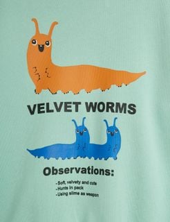 Close-up of the Velvet worms observations print on a green sweatshirt, featuring orange and blue worm illustrations.