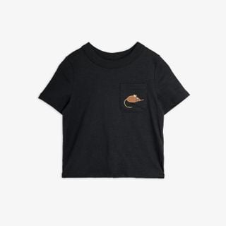 Black short-sleeved organic cotton T-shirt featuring a chest pocket with an embroidered Elephant Shrew.