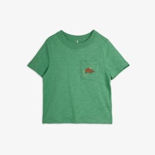 Green short-sleeved T-shirt featuring a chest pocket with an embroidered Elephant Shrew.