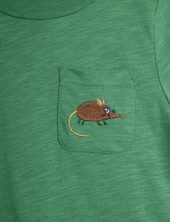 Green T-shirt chest pocket featuring a brown embroidered Elephant Shrew on textured organic cotton.