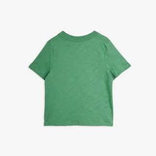 Green organic cotton short-sleeved T-shirt with a slub texture, shown from the back.