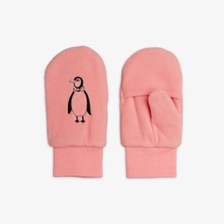 Pink microfleece mittens featuring penguin embroidery, overlapping cuffs, and ribbed wrists.