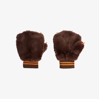 Brown faux fur mittens with orange claw appliqués and striped ribbed cuffs.