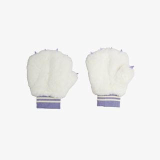 Off-white faux fur mittens featuring purple claw appliqués and striped ribbed cuffs.