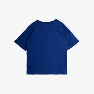 Blue short-sleeved t-shirt viewed from the back, featuring a ribbed crew neck.