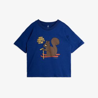 Blue short-sleeved t-shirt featuring a playful Skiing squirrel print and text on the front.