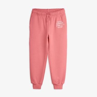 Pink organic cotton sweatpants featuring an embroidered Aspen Chamonix artwork and a drawstring waist.