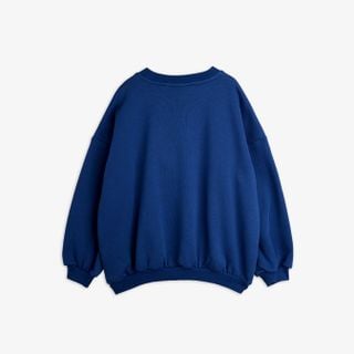 Blue crew neck sweatshirt featuring ribbed trims, viewed from the back.