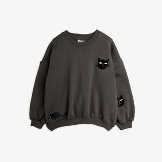 Grey sweatshirt featuring embroidered cat and rat motifs, crew neck, and dropped shoulders.