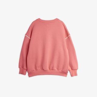Pink crew neck sweatshirt featuring ribbed trims and piping along the shoulder seams, viewed from the back.