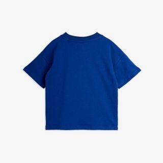 Blue short-sleeved t-shirt viewed from the back, featuring a ribbed crew neckline.