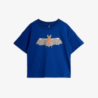 Blue short-sleeved t-shirt featuring a Bat print on the front and a ribbed crew neckline.