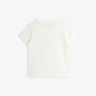 Back view of an off-white short-sleeved t-shirt with a plain back.