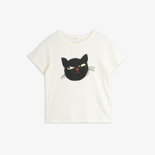Off-white short-sleeved T-shirt featuring a black Cat print on the front with a red nose.