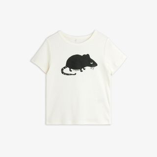 Off-white short-sleeved t-shirt featuring a black Rat print and a ribbed crew neck.