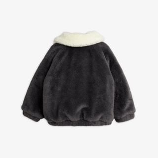 Grey faux fur aviator jacket with a contrasting white collar shown from the back.
