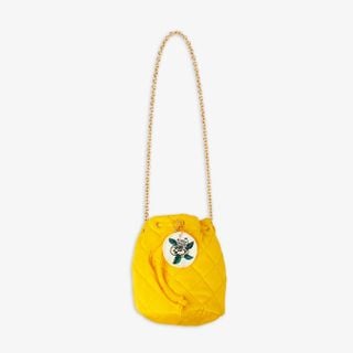 Kids yellow velvet bucket bag with Rose keychain. made from organic cotton and recycled polyester.
