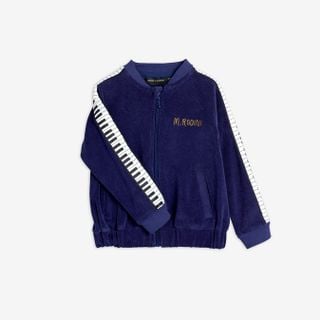Navy terry jacket featuring piano keys tape along the sleeves and an M.Rodini embroidery on the chest.