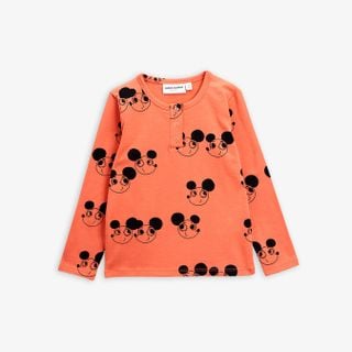 Red grandpa shirt featuring a black Ritzratz print, long sleeves, and a snap button placket.