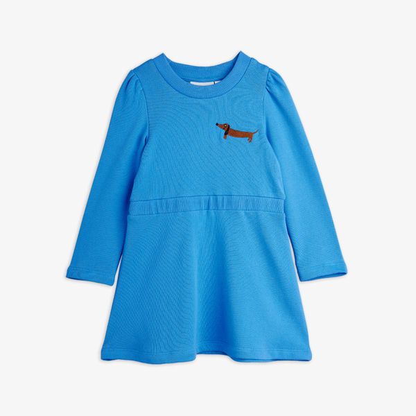 Blue sweatdress featuring a dog embroidery and puffed shoulders.