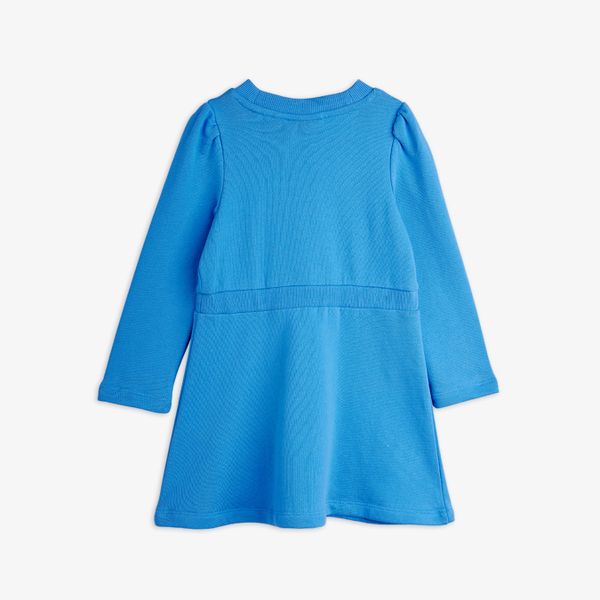 Blue sweatdress featuring long sleeves, puffed shoulders, a ribbed neckline, and a rib-detailed waist.