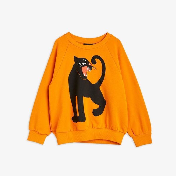 Orange sweatshirt featuring a black Panther print on the front.