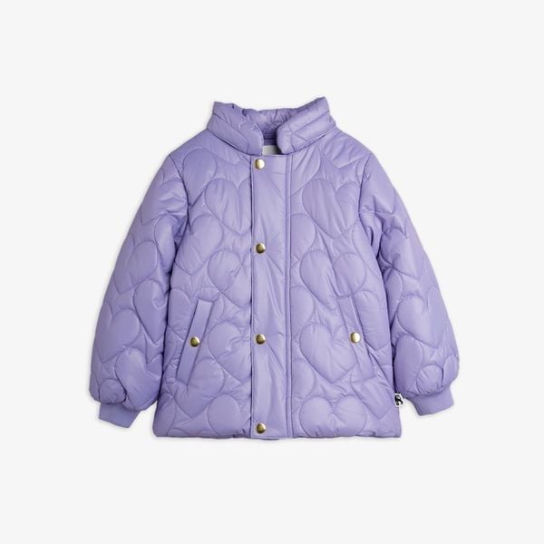 Purple heart-quilted puffer jacket with a high collar, gold-tone snap buttons, and front pockets.