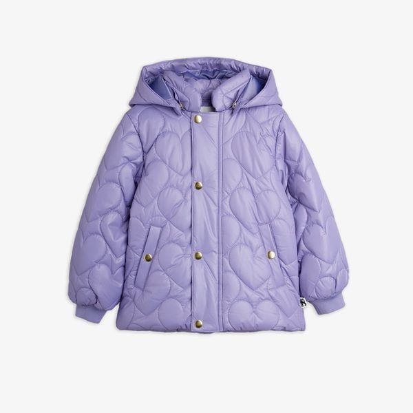 Purple heart-quilted hooded puffer jacket with gold-toned snap buttons and front pockets.