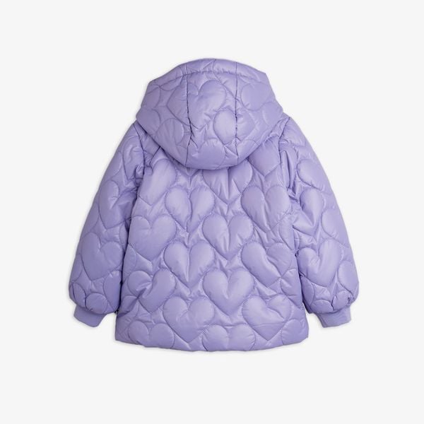 Purple heart-quilted hooded puffer jacket with ribbed cuffs, shown from the back.