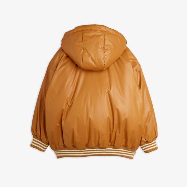 Beige hooded puffer jacket with white-striped ribbed cuffs and hem, shown from the back.