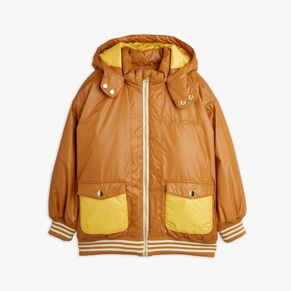 Beige hooded puffer jacket featuring yellow pockets, a white zip, and striped ribbed trims.