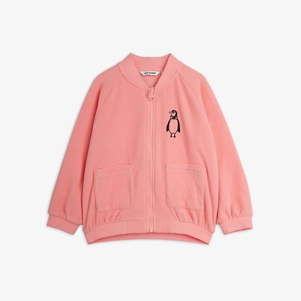 Pink zip-up jacket featuring a penguin embroidery on the chest and two front pockets.